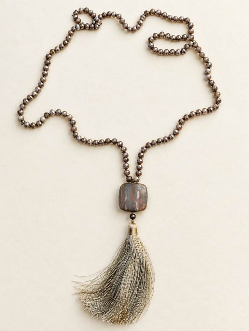 Long Banded Agate Bead Tassel Necklace 36 in Boho Statement